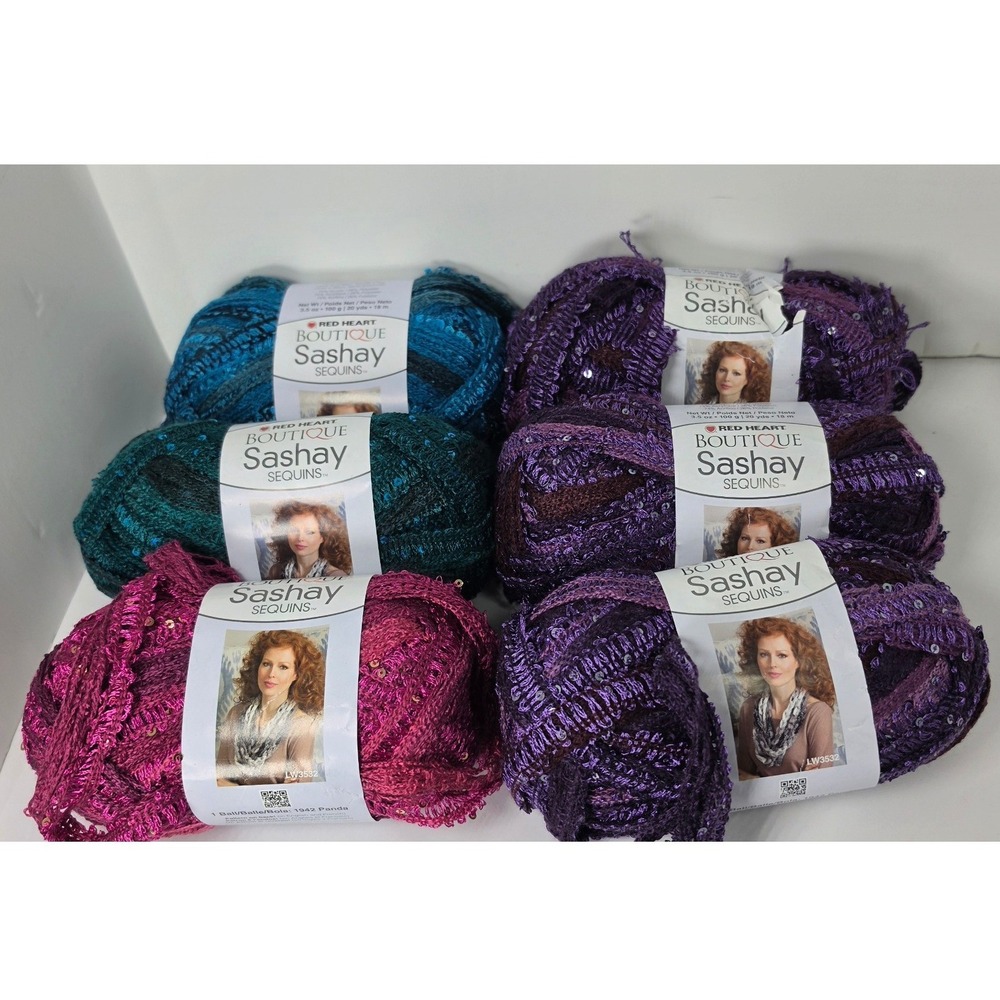 Red Heart Boutique Sashay Sequins Yarn Lot of 6 Jewel Tones Purple Blue Pink